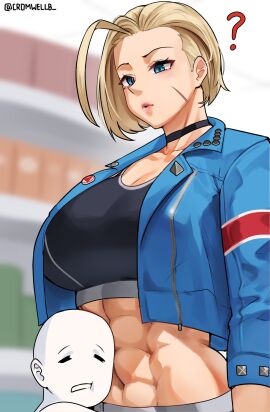 1boy 1girls ? abs absurdres alternate_breast_size blonde_hair blue_eyes breasts cammy_white cammy_white_(street_fighter_6) choker cleavage cromwellb female female_focus fully_clothed highres jacket large_breasts light-skinned_male light_skin male muscular muscular_female open_clothes open_jacket street_fighter street_fighter_6 tank_top