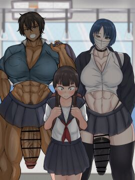 1girls 2futas abs akane_(soutoku) biceps big_breasts big_penis breasts clothed clothing dark-skinned_futa dark_skin female fully_clothed futanari human imminent_sex intersex larger_futa light-skinned_female light-skinned_futa light_skin mask mostly_clothed muscular muscular_futa nervous partially_clothed penis short_hair size_difference smaller_female soutoku standing taller_female thighhighs