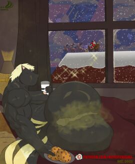 absurd_res anthro ass bed bedroom big_ass big_butt boyofenigma christmas container cookie cup deer duo extreme_size_difference fart fart_fetish fart_sniffing farting_on_another farting_on_face food furniture hi_res holidays human lying male male/male mammal mephitid milk new_world_deer on_side reindeer santa_claus size_difference skunk sniffing snow