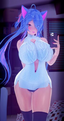 1girls 3d ass bedroom big_ass big_breasts big_thighs breasts cat_ears cat_girl cat_tail catgirl deluxe_rosie eyes_visible_through_hair female female_only huge_breasts indie_virtual_youtuber mirror_selfie multicolored_hair panties phone revealing_clothes rosie_(vtuber) selfie smile solo sweater tan-skinned_female tan_body tan_skin thighhighs twintails virgin_killer_sweater virtual_youtuber