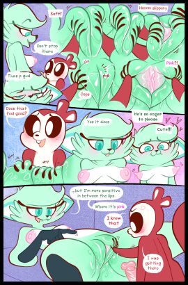 absurd_res anthro areola aroused_female aroused_pussy blush bodily_fluids breasts buckteeth chikn_nuggit clitoral_hood clitoris comic dialogue duo english_text eyelashes fangs female genital_fluids genitals hawt_saus_(chikn_nuggit) hi_res innie_pussy kaboozey male male/female nipples open_mouth penis pink_pussy pussy slushi_(chikn_nuggit) small_but_hung spread_pussy swollen_pussy teeth text vaginal_fluids