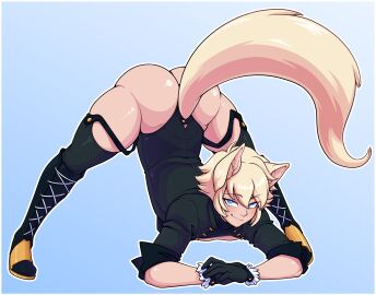 1boy about_to_die animal_ears blonde_hair blue_eyes dabunnox femboy flexible fox_boy fox_ears fox_humanoid fox_tail gloves jack-o_pose male male_only smile smiling tail