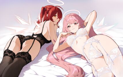 2girls amused angel arknights armpits ass babydoll bare_shoulders big_breasts big_smile black_babydoll black_bra black_garter_belt black_legwear black_lingerie black_panties black_stockings bra breasts exusiai_(arknights) female female_only garter_belt halo hand_behind_head highres hips lace lace-trimmed_bra lace-trimmed_panties legs legs_together legwear lemuen_(arknights) light-skinned_female light_skin lingerie long_hair looking_at_viewer looking_back looking_back_at_viewer lying lying_on_back lying_on_stomach navel orange_eyes panties pink_eyes pink_hair red_eyes san_p.dro see-through short_hair side_ponytail smile stockings thighs very_long_hair waist white_bra white_garter_belt white_legwear white_lingerie white_panties white_stockings wide_hips wings