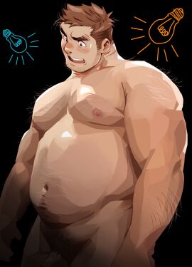 1boy bara big_belly black_background body_hair brown_eyes brown_hair completely_nude cowboy_shot facial_hair highres light_bulb male male_focus nipples nude original penis penis_peek plump pubic_hair solo stubble suamaru sweatdrop thick_eyebrows yaoi