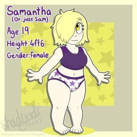 1girls blonde_hair character_age female freckles_on_face panties purple_tank_top shadyadi shadyadi1 solo white-skinned_female white_skinned_female yellow_eyes yellow_hair