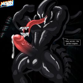 1:1 absurd_res alien alien_(franchise) anthro balls bara bfad bodily_fluids genital_fluids genitals hi_res j450n2080 male male_xenomorph marvel marvel_comics muscular nude penis precum presenting solo symbiote venom_(marvel) venomorph xenomorph yaoi