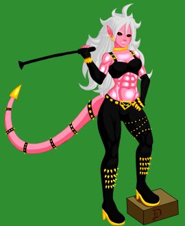 1girls abs android_21 android_21_(evil) bdsm_outfit belly_button black_sclera breasts d-rock dragon_ball dragon_ball_fighterz dragon_ball_z female female_only looking_at_viewer majin_android_21 medium_breasts muscular muscular_arms muscular_female muscular_thighs navel pink_skin pointy_ears red_eyes six_pack smiling_at_viewer solo spiked_hair tail