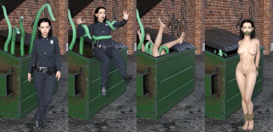 3d arms_behind_back barefoot black_hair bondage bound_ankles bound_wrists breasts cloth_gag completely_nude feet female gag gagged getyourclothesoff navel nipples nude nude_female original police police_uniform policewoman sequence soles stripped stripped_by_tentacles stripped_naked tentacle tentacle_rape toes