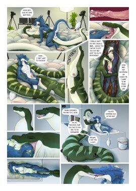 abdominal_bulge anthro anthro_prey apode armorine backsack balls ballsack bathtub blue_body bodily_fluids breasts bucket camera clothing comic container dialogue draconcopode duo ejaculation english_text erection feet_first female female_on_bottom female_penetrated female_pred frost_(cheery314) fur genitals green_body hi_res in_bathtub internal kissing legless lying male male/female male_on_top male_penetrating male_penetrating_female male_prey naga nipples non-mammal_breasts non-mammal_nipples on_back on_bottom on_top open_mouth oral_vore penetration penis pillow regurgitation reptile samira_(fischie) scalie sergal serpentine sex shirt snake snake_vore speech_bubble stomach_acid stomach_bulge swallowing text topwear twelve_frame_image vore wet wet_body wet_fur white_body white_clothing white_shirt white_topwear willing_prey