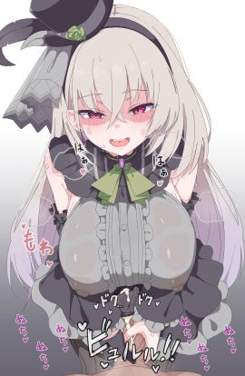 1boy ascot blue_archive blush breasts covered_nipples female flower flower_hat gloves gradient_background green_ascot green_background green_flower green_rose grey_pantyhose halo handjob hat highres idol idol_clothes large_breasts long_hair looking_at_viewer male mini_hat mini_top_hat nipples open_mouth pantyhose red_eyes rose sakurako_(blue_archive) sakurako_(idol)_(blue_archive) see-through_clothes see-through_shirt shirt smile solo_focus sweat top_hat wet wet_clothes white_background yamamoto_seishiro yellow_halo