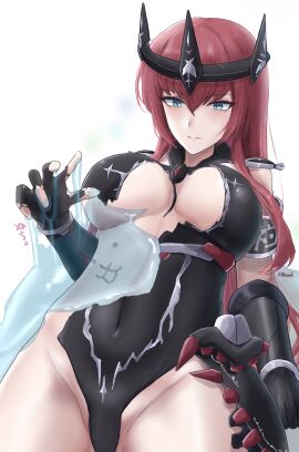 1girls blush breasts cameltoe cat_(battle_cats) color digital_media_(artwork) disintegrating_clothes female firm_breasts galaxy_gals gloves green_eyes headmistress_jeanne inner_sideboob large_breasts leotard light_skin long_hair looking_at_another mature_female nyanko_daisensou on_back pussy red_hair sed_(d4vcmk) slime smile teacher the_battle_cats thick_thighs thighs tiara tight_clothing torn_clothes unconcerned underboob