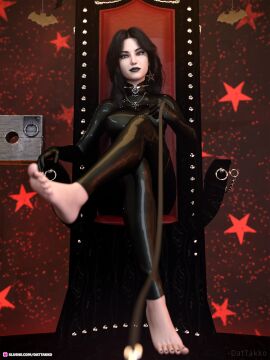 1girls 2024 3d black_hair black_lipstick black_nail_polish black_nails bodysuit breasts dattakko earrings female female_only femdom front_view goth goth_girl holding_leash indoors large_breasts latex lipstick nose_piercing pentagram_earrings pov seated sitting solo solo_female sub_pov submissive_pov throne
