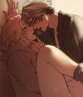 2boys ^^^ abs alhaitham_(genshin_impact) black_shirt blonde_hair blush collared_shirt commentary english_commentary evilwiistef eye_contact gay gay_male genshin_impact grey_hair grey_hoodie highres hood hood_down hoodie implied_penetration kaveh_(genshin_impact) leg_up looking_at_another male male_focus male_only motion_lines multiple_boys multiple_males open_clothes open_mouth open_shirt parted_hair profile shirt short_hair steffiepoo teeth trembling upper_teeth wiistef wing_collar yaoi
