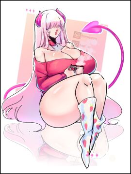 1girls anny_(anny_perez) anny_perez big_breasts breasts cleavage clothing demon female female_only hair_over_eyes horns light-skinned_female light_skin original pink_hair simple_background socks solo succubus tagme tail thick_thighs voluptuous