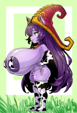 1girls aerolae bell_collar big_breasts bikini breasts cow_print cow_print_bikini cow_print_thighhighs female green_eyes huge_breasts league_of_legends lulu_the_fae_sorceress massive_breasts micro_bikini purple_hair purple_skin shortstack smug smug_face straight_hair string_bikini tank_top tanukisan9997 thick_thighs thighs yordle