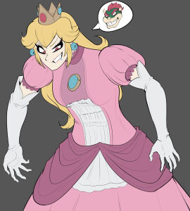 1boy 1girls bad_end blonde_eyebrows blonde_hair body_swap body_switch body_takeover body_theft body_thief bowser brooch change_of_status commission crown digital_art dress drooling earrings elbow_gloves evil_grin evil_smile eyelashes fanart female fully_clothed gloves gown green_skin horns identity_death long_hair male male_to_female mario_(series) nintendo open_mouth personality_change pink_dress possessed possession princess_peach red_eyebrows red_eyes red_hair sharp_teeth speech_bubble super_mario_bros. upper_body verteeg video_game_fan_art white_gloves white_skin