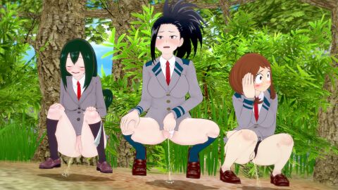 3d 3d_(artwork) 3girls asui_tsuyu averting_eyes black_hair blush boku_no_hero_academia brown_hair closed_eyes creati_(mha) female forest froppy green_hair koikatsu light-skinned_female light_skin looking_away lucky masterxploder masterxploder_(artst) momo_yaoyorozu my_hero_academia ochako_uraraka omorashi panties_around_leg panties_around_one_leg panties_aside pee peeing peeing_together piss pissing_on_floor public public_exposure public_indecency public_urination pussy shielding_eyes tsuyu_asui u.a._school_uniform uraraka_ochako uravity urinating urinating_female urination urine urine_stream vagina walking_in_on watersports yaoyorozu_momo