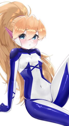 :o absurdres biometal blonde_hair blue_eyes bodystocking breasts cameltoe ciel_(mega_man) commission commissioner_upload covered_navel covered_nipples eyelashes fauron714 female highres leaning_back light_blush long_bangs long_hair looking_at_viewer mechanical_ears mega_man_(series) mega_man_zero_(series) mega_man_zx model_z_(mega_man) no_armor no_headwear non-web_source petite ponytail sitting small_breasts thighs transparent_background