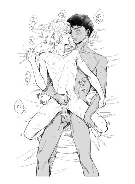 2boys absurdres anal arm_grab bags_under_eyes balls bar_censor bed_sheet blush censored closed_eyes completely_nude curly_hair dark-skinned_male dark_skin dungeon_meshi elf greyscale handjob highres kabru leg_grab looking_at_another lying male male_focus mithrun monochrome multiple_boys multiple_males multiple_scars nipples notched_ear nude on_back open_mouth penis pointy_ears psammead_1902 scar sex short_hair skinny speech_bubble sweat testicles toned toned_male wavy_hair yaoi