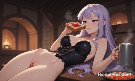 ai_generated bangs breasts clavicle cleavage corset eating female female_only hentaipresident holding holding_object large_breasts long_hair lying lying_on_back medium_breasts naked naked_female navel no_panties nude nude_female purple_eyes purple_hair pussy solo solo_female stomach thighs uncensored uncensored_pussy uncensored_vagina vagina