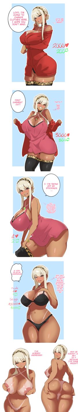 animal_print black_bra black_panties blonde_female blonde_hair blonde_hair_female bracelets breasts_bigger_than_head chocker cleavage dialogue gyaru headband huge_breasts kuraido leopard_print lingerie milf mosaic_censoring naked_female necklace nightgown plump plump_thighs red_eyes red_sweater smile spy_x_family tan_skin tanline tanlines tanned thick thick_thighs thighhighs yor_briar yor_forger