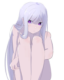 1girls bare_arms bare_legs bare_shoulders bare_thighs breasts completely_naked completely_nude covering covering_breasts elf elf_ears elf_female elf_girl emilia_(re:zero) female half-elf half_elf legs_together nude nude_female purple_eyes re:zero_kara_hajimeru_isekai_seikatsu silver_hair sitting soizayoikoto solo solo_focus white_background