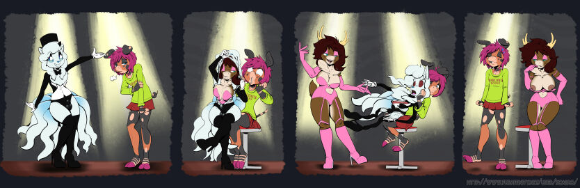 absurd_res alolan_form alolan_ninetales anthro billie_corneja canid canine clothing costume deer disguise domestic_pig duo female fox furry_wearing_fursuit fursuit generation_7_pokemon hi_res koabao magic_show magician male mammal new_world_deer ninetales nintendo pig pokemon pokemon_(species) regional_form_(pokemon) reindeer rose_(disambiguation) skinsuit stage suid suina surprise sus_(pig) tight_clothing torn_clothing undressing