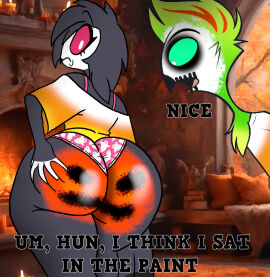 anthro ass ass_focus ass_grab avian big_ass big_butt bird bodypaint bra butt_grab cafe-grimful clothing costume demon dialogue duo face_paint fan_character female francesco_(acker) ghost glistening glistening_body halloween halloween_costume hand_on_ass hand_on_butt hazbin_hotel hell helluva_boss hi_res holidays huge_ass huge_butt jack-o'-lantern looking_back looking_down male male/female octavia_(helluva_boss) owl owl_demon paint panties parrot romantic romantic_couple spirit tail thick_thighs underwear wide_hips