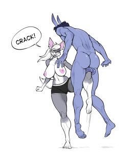 2021 abs anthro ass athletic_wear ballbusting balls big_breasts blue_body blue_skin bottomwear breasts canid canine clothed clothing cock_and_ball_torture cock_and_balls_torture dojyaan duo english_text exposed_breasts eyewear female fox genital_torture genitals glasses gym_bottomwear gym_shorts hi_res horn humanoid in_the_air male male/female mammal navel nipples nude nude_male on_one_leg partially_clothed_female penis shorts simple_background speech_bubble standing text topless topless_female white_background