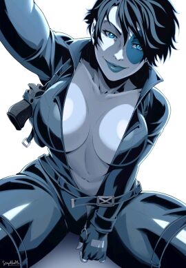 1girls 2024 artist_name artist_signature big_breasts black_clothing blue_eyes blue_lips blue_lipstick breasts commission deviantart deviantart_link domino_(marvel) female fingerless_gloves gun inner_sideboob large_breasts light-skinned_female light_skin looking_at_viewer marvel marvel_comics neena_thurman pale-skinned_female pale_skin pistol short_hair solo solo_female stayaliveplz weapon white_background white_skin x-men zipper