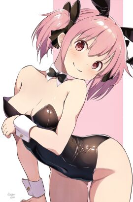 ass_visible_through_thighs bare_arms bare_legs bare_shoulders bare_thighs belly_button_visible_through_clothing black_leotard blush body_blush breasts bunny_ears bunnysuit cleavage closed_mouth detached_collar female leotard madoka_kaname mahou_shoujo_madoka_magica nagare_(flow) pink_hair ribbon shiny_skin small_breasts smile strapless strapless_leotard thighs twintails wrist_cuffs