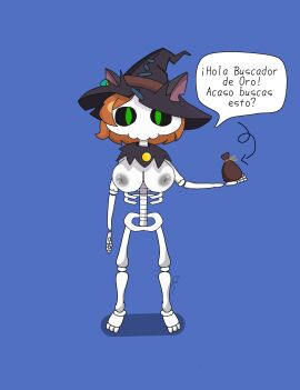 1girls 2d breasts cat_ears cat_girl esqueleto feline female game gold gold_and_glory juego magic neko original_character skeleton solo witch witch_hat