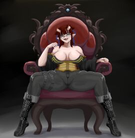 big_breasts big_thighs big_titties breasts clothing curvaceous curvaceous_female curvaceous_figure curvy curvy_figure curvy_hips female female_focus female_only mulyshav oni_female oni_horns original original_character red_hair short_hair sitting_on_chair sitting_on_throne spread_legs