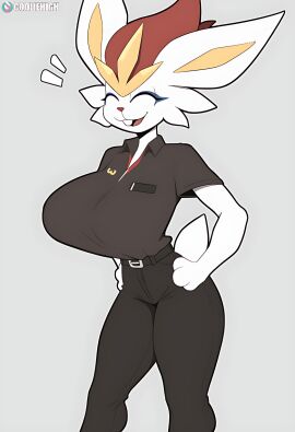 2024 2024s anthro belt big_breasts biped bottomwear breasts buckteeth cheek_tuft cinderace closed_eyes clothed clothing colored cooliehigh digital_media_(artwork) eyelashes facial_tuft female female_focus female_only flat_colors fur furry furry_female game_freak generation_8_pokemon grey_background hands_on_hips hi_res nintendo open_mouth open_smile pants pokemon pokemon_(game) pokemon_(species) pokemon_ss portrait red_body red_fur short_tail simple_background smile solo subscribestar_username tail teeth three-quarter_portrait top_heavy tuft white_body white_fur