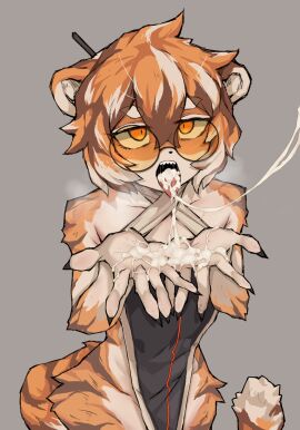 1girls after_fellatio after_oral animal_ears anthro arknights bare_shoulders claws cum cum_in_mouth cum_inside cum_on_hands cum_on_tongue cum_string cum_trail dress female female_only furry glasses grey_background hair_between_eyes ldz-626 looking_up nails open_mouth orange_fur orange_glasses round_glasses sharp_teeth solo steaming_breath tagme tail tinted_eyewear tongue tongue_out waai_fu_(arknights)