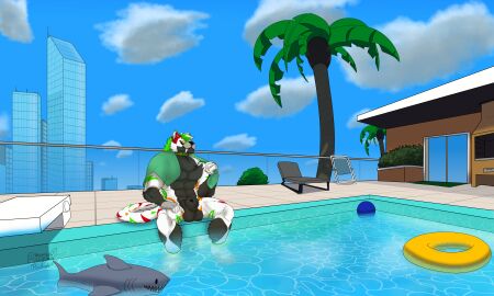 5:3 absurd_res animal_genitalia anthro arctic_fox balls barbecue_grill big_balls big_teeth black_penis building canid canine cheek_tuft cloud detailed_background distant_city facial_tuft felid fluffy_balls fluffy_sheath fox fur genitals glass guardrail hi_res hybrid hyena looking_at_viewer male mammal multicolored_body multicolored_fur muscular muscular_anthro muscular_male neck_tuft nude palm_tree pantherine penis perseus_(teymosoo) plant pool_shark pool_toy poolside prehistoric_species reflections saber-toothed_tiger sheath shrub sky skyscape skyscraper solo solo_focus spotted_hyena sunny tail teymosoo tiger towel tree true_fox tuft