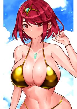 beach bikini bikini_top breasts cleavage core_crystal core_crystal_(xenoblade) diadem earrings female gold_bikini huge_breasts oniisan02b pyra red_eyes red_hair short_hair wet wet_body wet_skin xenoblade_(series) xenoblade_chronicles_2 yotsuhauni