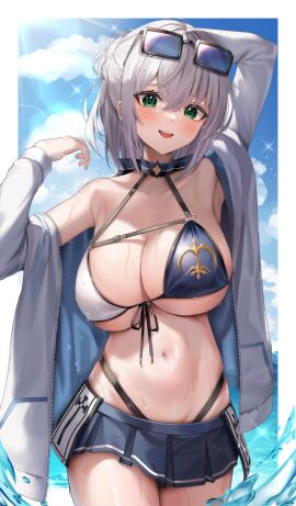 arm_up armpits bare_shoulders bikini black_bikini blue_choker blue_skirt breasts choker cleavage cowboy_shot eyewear_on_head female front-tie_bikini_top front-tie_top green_eyes grey_hair halterneck hand_up highleg highleg_bikini highres hololive hololive_fantasy hololive_japan jacket large_breasts long_sleeves looking_at_viewer microskirt navel off_shoulder open_clothes open_jacket open_mouth outside_border pleated_skirt ponytail shirogane_noel shirogane_noel_(summer_2020) short_hair shuvi_(shuvi1125) skirt smile solo standing stomach string_bikini sunglasses swimsuit thighs two-tone_bikini virtual_youtuber wet white_bikini white_jacket wholesome