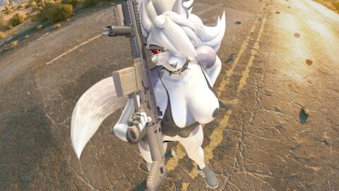 1anthro 3d anthro areola big_breasts breasts canid canid_demon canine certerus cleavage clothed clothing collar dark_nipples demon digital_media_(artwork) eyewear female fn_herstal fn_scar footwear glasses grimrage gun hellhound helluva_boss high-angle_view holding_gun holding_object holding_ranged_weapon holding_rifle holding_weapon looking_at_viewer loona_(helluva_boss) mammal mythological_canine mythological_creature mythology nipples one_breast_out one_eye_covered one_eye_obstructed outside plant ranged_weapon red_sclera rifle shoes shrub sneakers solo spiked_collar spikes tail weapon