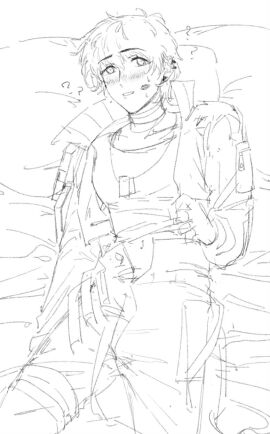 bed bedsheets blush cinnabar_(path_to_nowhere) clothed clothes clothing female female_focus female_only hakson777 jacket kiss_mark lying_on_back lying_on_bed necklace pants path_to_nowhere pillow short_hair smile unbuttoned unbuttoned_pants