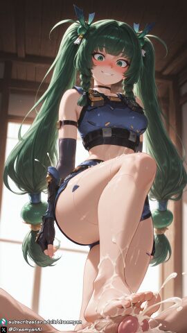 1girls ai_generated android barefoot big_penis breasts clothed clothed_female cum cum_on_feet curvy curvy_body curvy_female dreamyan_ai excessive_cum feet flustered foot_focus footjob from_below green_eyes green_hair hi_res high_quality high_resolution highres leg_up long_hair male_pov medium_breasts pov qingyi_(zenless_zone_zero) smile smiling standing thick_ass thick_thighs thighs toes twintails uncensored zenless_zone_zero