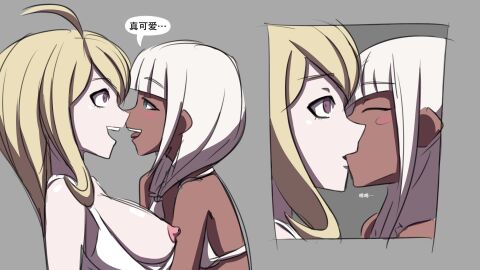 2girls akamatsu_kaede blonde_hair blue_eyes bra danganronpa danganronpa_v3 dark-skinned_female dubious_consent electrickronos erect_nipples exposed_nipples expressionless hypnosis kissing korean_text manga mind_control open_mouth panels panties purple_eyes tongue tongue_out translation_request white_hair yonaga_angie yuri