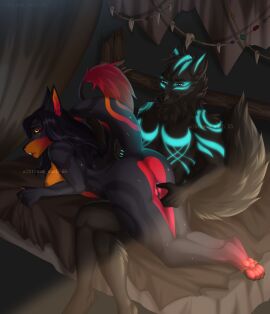 4_toes absurd_res accessory albtraumwach anthro bed black_hair black_nipples black_nose black_sclera black_vulva blue_claws blue_eyes blue_markings bone breasts canid canine canis cheek_tuft claws dragon duo facial_tuft feet female fingering_partner fluffy fluffy_tail fur furniture genitals glowing glowing_markings hi_res hybrid kasandra male male/female mammal markings multicolored_body multicolored_fur mythological_creature mythological_scalie mythology nipples nova_(disambiguation) pawpads penetration pink_pawpads pussy scalie sex tail toes tuft vaginal_penetration vulva wolf yellow_eyes