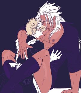 2boys age_difference alternate_costume apron between_legs black_dress black_socks blonde_hair blush brown_eyes collared_dress dark-skinned_male dark_skin dress english_commentary enmaided frilled_apron frills glasses hand_on_another's_back hand_on_another's_waist highres hug kingdom_hearts kingdom_hearts_ii large_pectorals leg_lock long_hair maid maid_apron maid_headdress male male_focus male_maid multiple_boys multiple_males muscular muscular_male nekokat42 nipples open_clothes open_shirt pectorals pointy_ears puffy_sleeves roxas short_hair sitting smirk socks spiked_hair thighs unbuttoned white_apron white_hair xemnas yaoi yellow_eyes