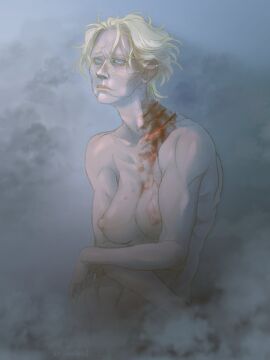 big_nipples bleeding blonde_hair blood_stain blue_background blue_eyes blue_skin breasts brienne_of_tarth claw_marks collarbone crossed_arms crouching digital_media_(artwork) female female female_focus female_only fog frown game_of_thrones grey_background hunched_over large_breasts looking_at_viewer looking_uncomfortable nipples no_visible_genitalia nonsexual_nudity ohiko1 pale_skin skinny slouching smoke thin white_hair wounded wrinkles