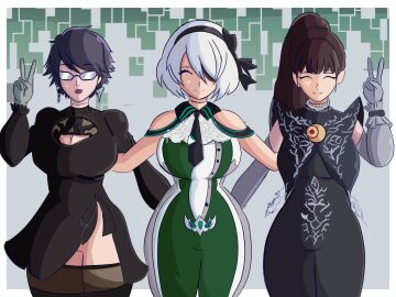 3girls alternate_costume bayonetta bayonetta_(character) bayonetta_2 big_breasts black-haired_female black_hair bodysuit breasts brown-haired_female brown_hair cleavage clothed clothed_female clothes_swap clothing costume_switch crossover curvy_female eve_(stellar_blade) female female_only front_view fully_clothed fully_clothed_female glasses green_bodysuit head_swap headswap hi_res highres hourglass_figure huge_breasts large_breasts light-skinned_female light_skin lineup long-haired_female long_hair looking_at_viewer multiple_females multiple_girls nier:_automata nier_(series) outfit_swap peace_sign platinum_games ponytail sega short-haired_female short_hair simple_background stellar_blade swapperj333 trait_connection white-haired_female white_hair wide_hips yorha_2b