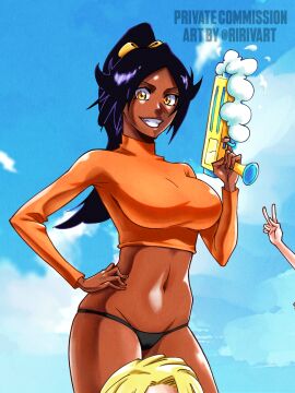 1girls 2girls accurate_art_style athletic athletic_female beach belly belly_button bikini bikini_bottom bikini_bottom_only black_bikini_bottom black_hair black_panties bleach bleach:_the_thousand-year_blood_war blonde_hair blue_sky breasts brown_eyes cleavage clothed clothes clothing cloud commission crop_top cropped_shirt curvaceous curvy curvy_female curvy_figure dark-skinned_female dark_purple_hair dark_skin day faceless_character fat_breasts female female_focus fit fit_female flat_belly gold_eyes golden_eyes grin groin hair hair_ornament hair_ribbon hand_on_hip happy high_ponytail highres holding holding_object holding_water_gun large_breasts long_hair long_sleeves looking_at_viewer lowleg midriff multiple_females multiple_girls navel neckline orange_clothing orange_shirt outdoors pantsu parted_lips peace_sign ponytail purple_hair ririvart shihouin_yoruichi shiny_clothes shiny_skin shirt short_hair sky smile smiling solo_focus sportswear standing stomach summer sunlight swimsuit taut_clothes teeth teeth_showing tied_hair tight_clothes tight_clothing tight_fit toned toned_female turtleneck underwear v v-shaped_eyebrows very_high_resolution water_gun watermark weapon yellow_eyes