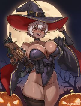 absurdres ammunition arm_tattoo artist_name assault_rifle asymmetrical_legwear blush book breasts bullet bullpup bursting_breasts chance8000 choker cleavage corset dark-skinned_female dark_skin dead_tree detached_sleeves female full_moon gun halloween halloween_costume hat highres holding holding_gun holding_weapon jack-o'-lantern large_breasts leotard looking_at_viewer mole mole_on_breast moon night original pumpkin red_eyes rifle rifle_cartridge rubber_band sharp_teeth short_hair shoulder_tattoo smile tattoo teeth tkb-022 tkb-022pm tkb-022pm5_no._1 tongue tree weapon white_hair witch witch_hat