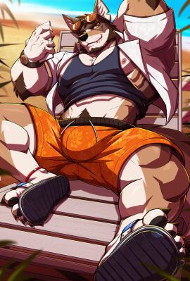2024 abs absurd_res anthro arm_tuft beach beach_chair blue_clothing blue_shirt blue_sky blue_tank_top blue_topwear body_hair brown_body brown_fur canid canine canis chair claws clock clothed clothing coyote drks echo_(series) echo_project eyewear eyewear_on_head facial_hair footwear fur furniture goatee hand_behind_head happy_trail hi_res lip_scar male mammal multicolored_body multicolored_fur muscles muscular muscular_anthro muscular_male nipples notched_ear obliques on_chair open_clothing open_shirt open_topwear orange_clothing orange_swimming_trunks orange_swimwear pecs plant sand sandals sea serratus shirt sideburns sky solo sunglasses sunglasses_on_head swimming_trunks swimwear tan_body tan_fur tank_top the_smoke_room toe_claws topwear triceps tuft two-tone_body two-tone_fur vein veiny_muscles watch water whiskers white_clothing white_shirt white_topwear william_adler wristwatch yellow_eyes