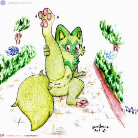 1:1 3_toes anus feet felid feline female feral foot_fetish fur generation_9_pokemon genitals green_body green_fur hi_res leg_grab leg_stretch looking_at_viewer lying lying_on_ground mammal nintendo on_ground on_side pawpads paws pink_nose pink_pawpads pokemon pokemon_(species) pussy smile smiling_at_viewer solo spread_legs spread_toes spreading sprigatito stretching toes traditional_media_(artwork) yordraw